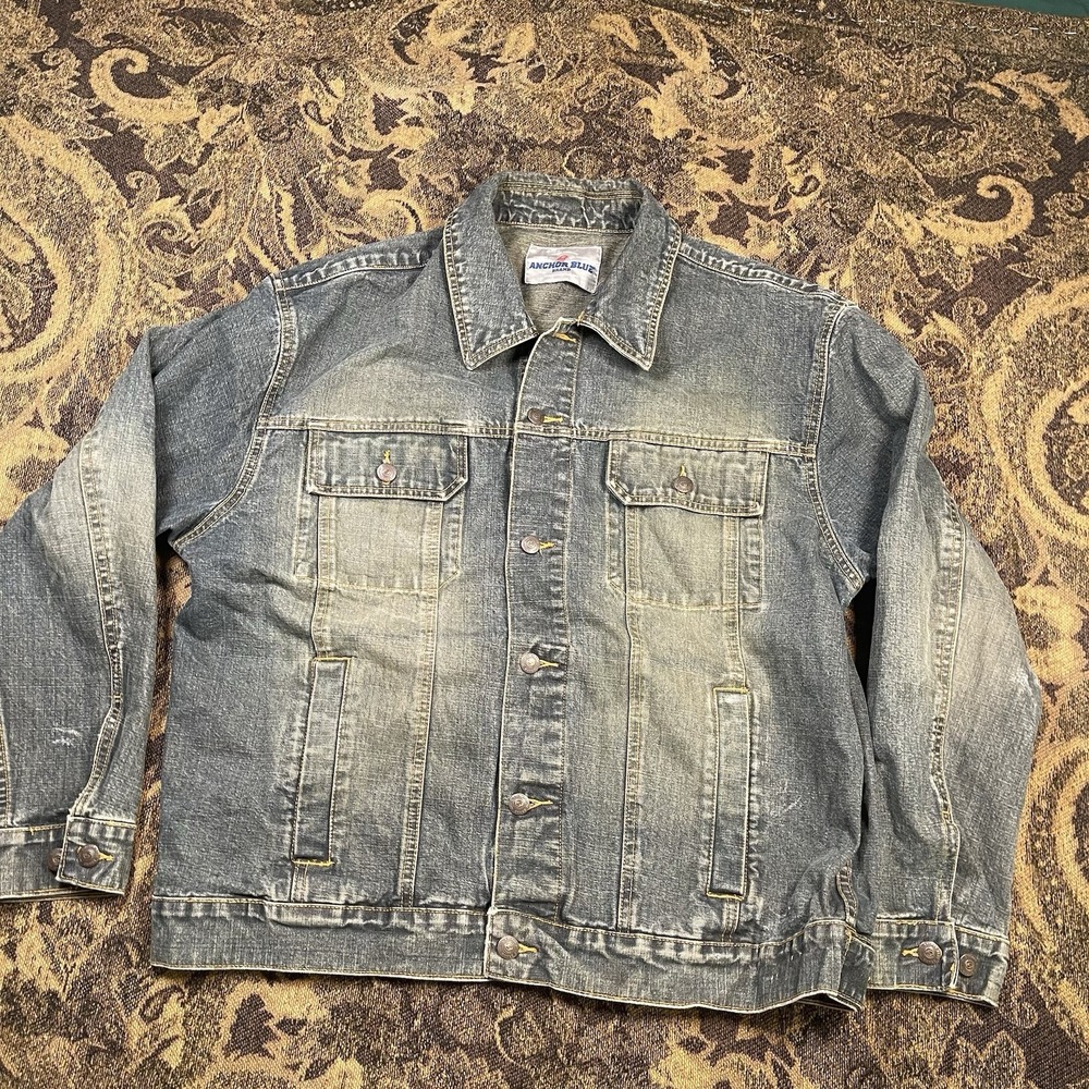Vtg Y2K Anchor Blue Brand Boxy Denim Trucker Jacket Mens Size XL